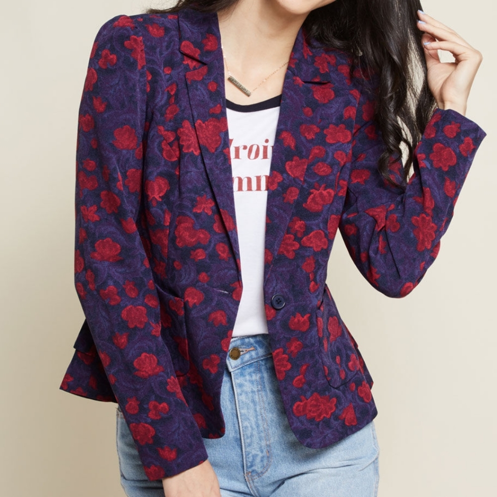 Modcloth Floral Navy Stargazing Splendor Blazer